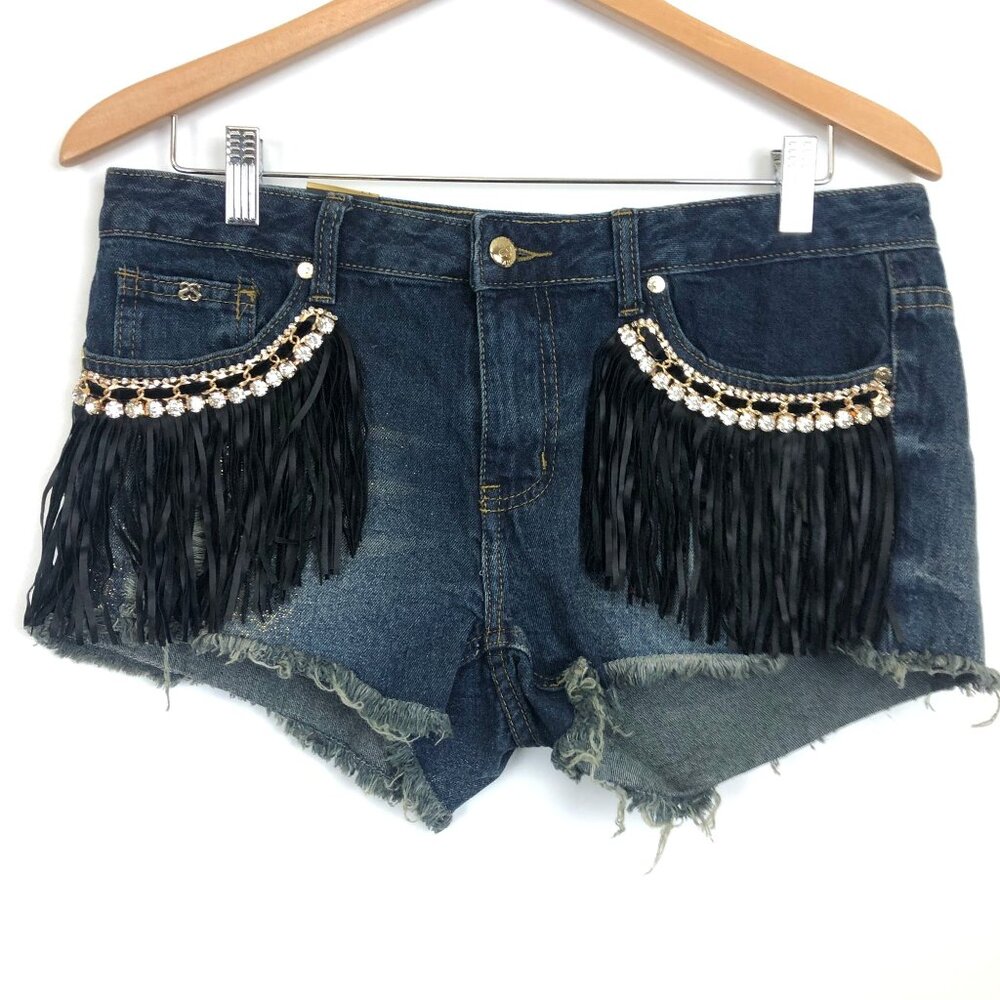 New Sparkle Women's Booty Shorts Sz 13 Jrs Fringe Rhinestones Raw Hem Destroyed